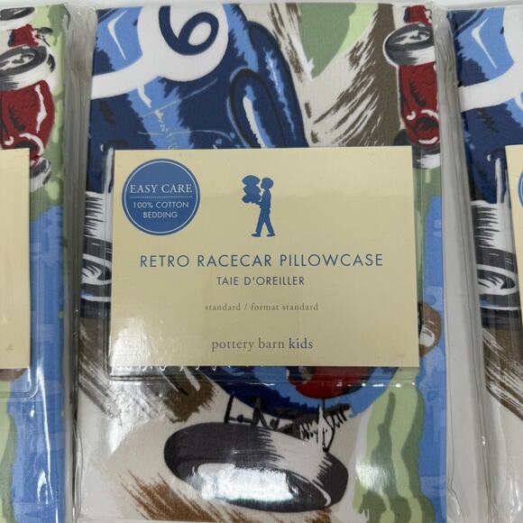 Pottery Barn Kids Retro Racecar Pillowcase Standard Size Cotton NEW LOT OF 3 - Picture 5 of 10